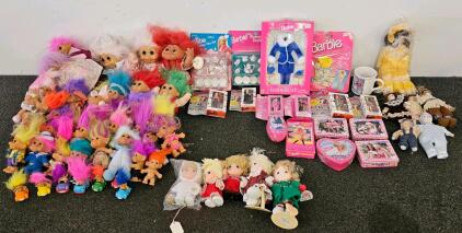 Large Vintage Lot: 40+ Troll Dolls, 1980s-90s Barbie Collectibles, Tea Sets, Keychains & Porcelain Dolls