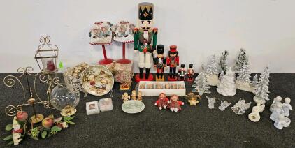 Vintage Holiday Decor Lot: Nutcrackers, Precious Moments Plate, Angels, Christmas Trees, 45+ Pcs