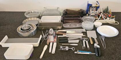 Assorted Kitchen Utensils & Bakeware Lot &ndash; SHARPKUT Knife, TITAN Peelers, Glass Bowls, 45+ pcs