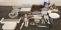 Assorted Kitchen Utensils & Bakeware Lot &ndash; SHARPKUT Knife, TITAN Peelers, Glass Bowls, 45+ pcs