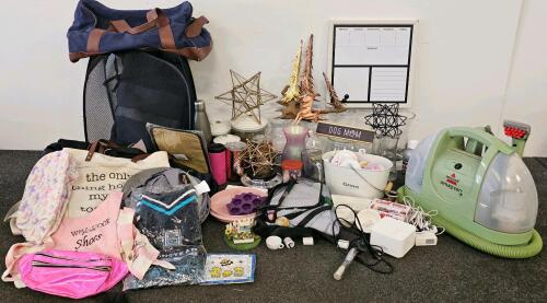 (XD) Mixed Cleaning/Decor/Hobby Lot: Bissell LittleGreen Carpet Cleaner (Functional), Netgear Orbi RBK652S Mesh WiFi 6 Router (Functional), Aquarium Heater (Functional), Set of 8 Varied Vases, Set of 3 Sealable Jars, Mechanical Kitchen Scale, 7 Varied Cup
