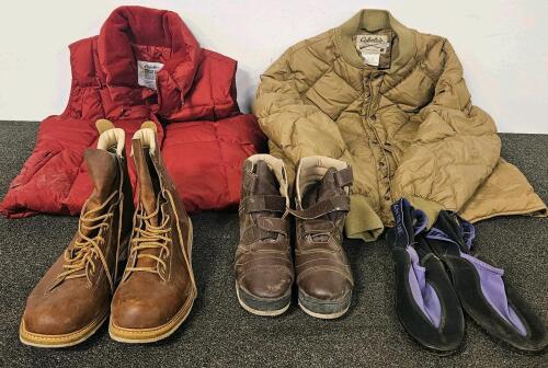 Cabela's Goose Down Jacket & Vest, Rugged Leather Boots, Water Shoes, Outdoor Clothing Lot