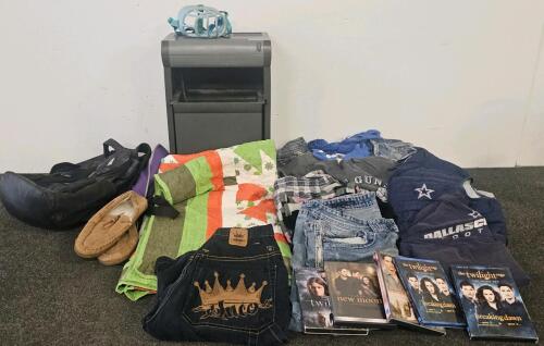 (XA) Mixed Clothing Lot: Paper Shredder w/ Forward and Reverse Modes (Functional), Large Green and Orange Quilt, JNCO Shorts, Jean Shorts, Various Brands of Jeans, Various Dallas Cowboys Shirt and Vest, Other Clothing in Various Sizes, Moccasins, Two Bags