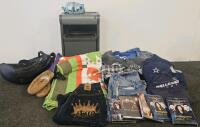 (XA) Mixed Clothing Lot: Paper Shredder w/ Forward and Reverse Modes (Functional), Large Green and Orange Quilt, JNCO Shorts, Jean Shorts, Various Brands of Jeans, Various Dallas Cowboys Shirt and Vest, Other Clothing in Various Sizes, Moccasins, Two Bags