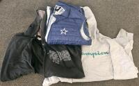 (XA) Mixed Clothing Lot: Paper Shredder w/ Forward and Reverse Modes (Functional), Large Green and Orange Quilt, JNCO Shorts, Jean Shorts, Various Brands of Jeans, Various Dallas Cowboys Shirt and Vest, Other Clothing in Various Sizes, Moccasins, Two Bags - 8