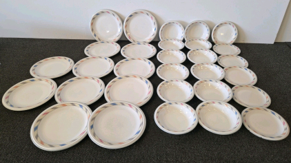 Dinnerware Set- White with Pastel Geometric Border &ndash; Plates and Bowls