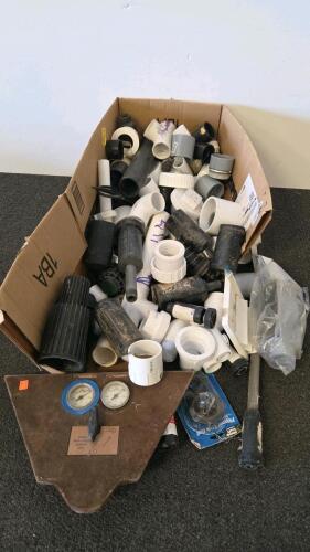 Large Lot PVC Plumbing Fittings & Sprinkler Parts, 1/2&ndash;2 in, w/ Water Pressure Test Gauge Panel
