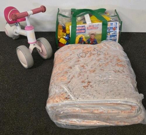 MEGA BLOKS Lil' Farmer 100 Pc Set, Pink Toddler Tricycle, and 10x8 ft Abstract Area Rug