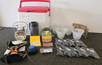 Coleman Cooler, Vintage Lantern, Dog Harness, K. Elise Socks, Glassware Mixed Lot