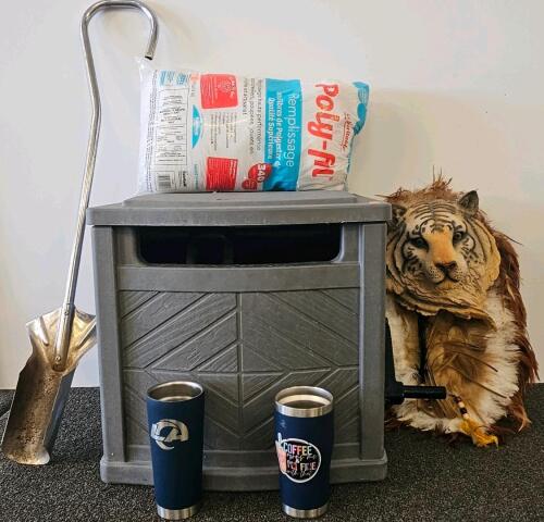 Rubbermaid 134-Gallon Extra-Large Resin Outdoor Deck Storage Box, Gray. Shovel, coffee mugs, polystuff filling and feathered tiger home decor