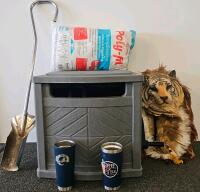 Rubbermaid 134-Gallon Extra-Large Resin Outdoor Deck Storage Box, Gray. Shovel, coffee mugs, polystuff filling and feathered tiger home decor
