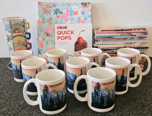 Set of 9 Ceramic Coffee Mugs, Mountain Sunset Design, "Can you see..." 11 oz, White