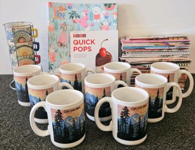 Set of 9 Ceramic Coffee Mugs, Mountain Sunset Design, "Can you see..." 11 oz, White