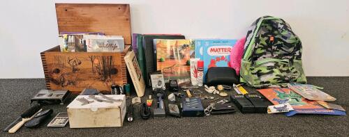 Mixed Lot&mdash;Backpack, Wooden Storage Box, Books, Radios, Calculator, Tools, Accessories, More