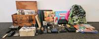 Mixed Lot&mdash;Backpack, Wooden Storage Box, Books, Radios, Calculator, Tools, Accessories, More