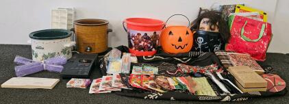 Mixed Lot: Vintage Crock-Pots (tested, works), Sony Cassette Recorder, Party & Kitchen Essentials, Bags, Mannequin