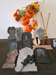 Large Assorted Halloween Yard Decor Set &ndash; 8 Tombstones, Pumpkin Stake, Ghost, Brooms, Florals