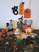 Halloween Decor Lot &ndash; Light-Up Pumpkin, Witch Doll, Skeletons, Spiders, Signs, 35+ Pieces