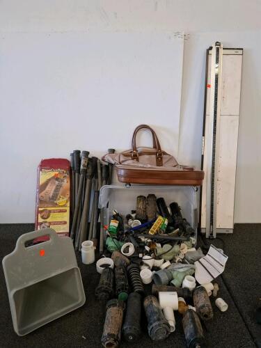 Mixed Contractor Lot: Mud Hopper, SignCrafter 1206, Bag, Trimmer, PVC Irrigation Parts Bulk