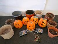Assorted 9 Planters Pots & 5 Light-Up Halloween Pumpkins, powered on. Mini Lights, Wreath, Mixed Materials