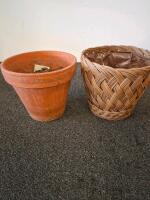Assorted 9 Planters Pots & 5 Light-Up Halloween Pumpkins, powered on. Mini Lights, Wreath, Mixed Materials - 6