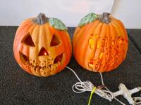 Assorted 9 Planters Pots & 5 Light-Up Halloween Pumpkins, powered on. Mini Lights, Wreath, Mixed Materials - 7