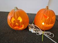 Assorted 9 Planters Pots & 5 Light-Up Halloween Pumpkins, powered on. Mini Lights, Wreath, Mixed Materials - 8
