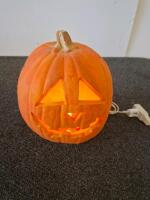 Assorted 9 Planters Pots & 5 Light-Up Halloween Pumpkins, powered on. Mini Lights, Wreath, Mixed Materials - 9