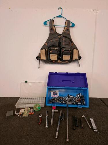 Superfly Fly Fishing Vest, Tackle Box with Lures, & Tool Box w/Sockets and Ratchets Set
