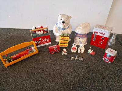 Coca-Cola Polar Bear Collectibles Lot &ndash; Ceramic Cookie Jar, Tins, Bottles, Plush, Figurines