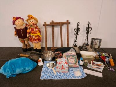 Large Assorted Household Lot: Pendant Lights, Fall Decor, Cookware, Plush Blankets, Sewing Supplies