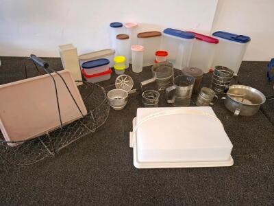 Large Assorted Kitchenware Lot &ndash; Tupperware Containers, Cake Carrier, Vintage Flour Sifters, Pan