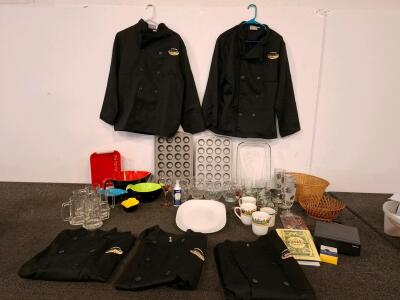 Restaurant Kitchen Lot &ndash; KNG Chef Jackets, Glassware, Baking Pans, Mixing Bowls, More
