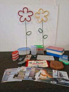Mixed Lot: Plastic Storage Containers, Compartment Trays, Metal Flower Garden Stakes, Military Magazines