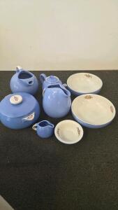 Vintage Blue Floral Ceramic Kitchenware Set &ndash; Bowls, Teapot, Pitchers, Lidded Casserole
