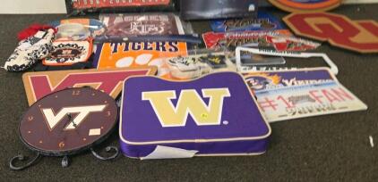 Large Sports Memorabilia Lot &ndash; NCAA, NBA, NFL Decor, Signs, License Plates, Clocks, Kitchenware