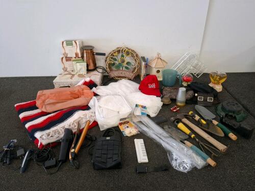Mixed Lot: Garden Tools, Decor, Purses, Appliances, Drink Mixes, Blanket, DVDs, Accessories (X)