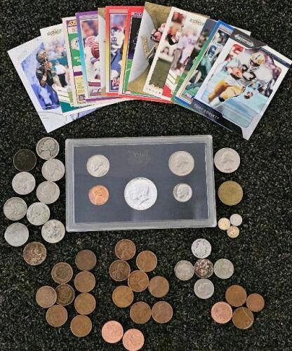 NFL Football Card Lot w/HOF Stars Brady Taylor Dorsett + U.S. Mint Coin Set & Loose Coins
