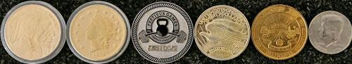 Commemorative Coin & Medal Lot &ndash; Festivus Games, Downey Centennial, Buffalo, $20 Replica, Kennedy Half