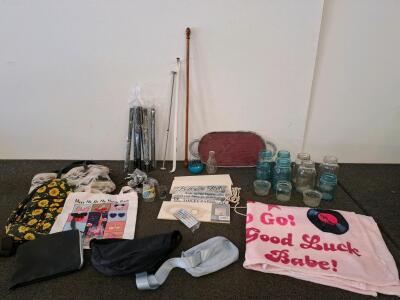 Large Miscellaneous Home Goods Lot: Sunflower Backpack, Blue Mason Jars, Tote Bags, Wall Shelf Kit