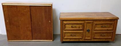Vintage 2-Piece Wood Storage Set: Sliding Door Cabinet (48") & Blanket Chest w/ Casters