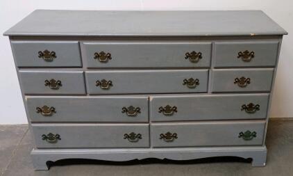 Vintage 10 lDrawer Light Grey Wooden Dresser with Brass Handles and Scalloped Base