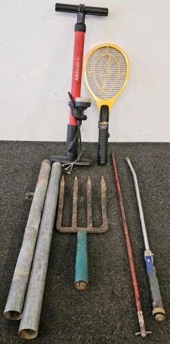 (XB) Miscellaneous Tool/Hardware Lot - Metal Pipes, Pry Bar, Husky Pump, Wand, Bug Zapper, Pitchfork