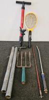(XB) Miscellaneous Tool/Hardware Lot - Metal Pipes, Pry Bar, Husky Pump, Wand, Bug Zapper, Pitchfork