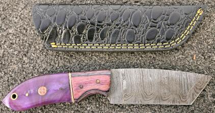 Damascus Steel Fixed-Blade Knife with Purple Wood Handle and Leather Sheath