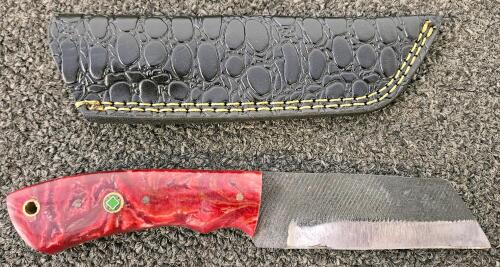 Custom Fixed-Blade Tanto Knife, Resin Handle, 3.75" Blade, Full Tang, Embossed Leather Sheath