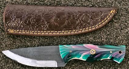 Custom Fixed-Blade Knife with Resin Handle and Leather Sheath