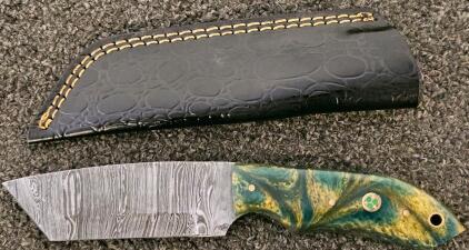 Custom Damascus Cleaver-Style Knife, Resin Handle, Mosaic Pin, Leather Sheath, Decorative Finish
