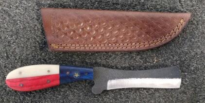 Custom Texas Flag Fixed Blade Knife, 4.5" Blade, Leather Sheath, Star Inlay Handle