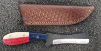 Custom Texas Flag Fixed Blade Knife, 4.5" Blade, Leather Sheath, Star Inlay Handle